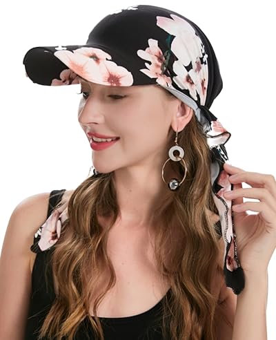 ZLYC Chemo-Kopfbedeckung für Damen, Krempe, Visier, Kopftuch, vorgebunden, leicht, Totenkopfmütze, Floral Black, Einheitsgröße