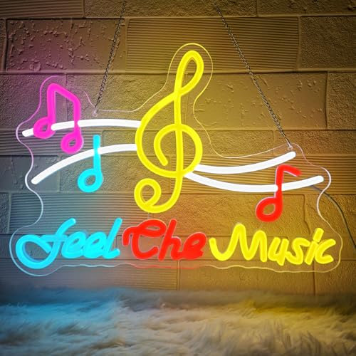 Lxmoneon Feel the Music Neon Sign Musical Notes Neon Signs for Wall Decor Colorful Music Neon Light USB Dimmable Music Neon Wall Sign for Music Room Studio Bar Bedroom Classroom Party Gift