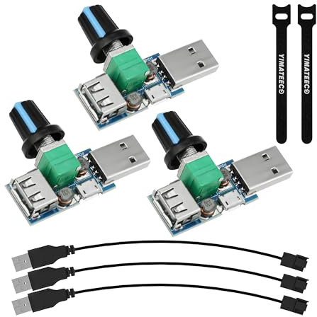 YIMATEECO USB Fan Speed Controller Regulator, 3 Pack USB Fan Controller Stepless Speed Governor Air Volume Control With Switch, U-SB to 4pin CPU F-an Adapter Cable (3Set, DC 4-12V bis 2.5-7.5V, 5W)