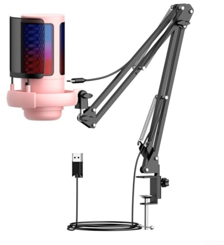 DAZZLEEX USB-Gaming-Mikrofon, mit Geräuschunterdrückung, Mikrofon, Empfindlichkeitseinstellung, RGB-Lichter, Nierencharakteristik, verstellbare Verstärkungsregelung für PC, Laptop, Handy (Rosa)