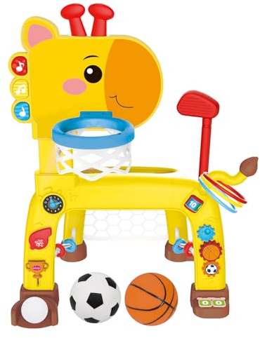 Wdmiya Kinderspielzeug Basketballkorb Set, 4 in 1 Giraffen höhenverstellbarer Basketballständer & Fußballtor Golfspiel Ringwurf für Kleinkinde, Sport Geschenke für ab 1 Jahr Jungen und Mädchen