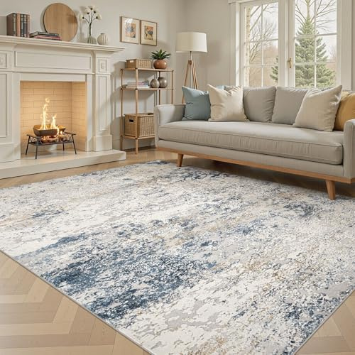 DMOYEST Teppich Wohnzimmer 200x300cm Modern Beige Blau Waschbar | Kurzflor Weich Maschinenwaschbar Rutschfest, Kinder und Haustierfreundlich für Schlafzimmer, Esszimmer und Büro
