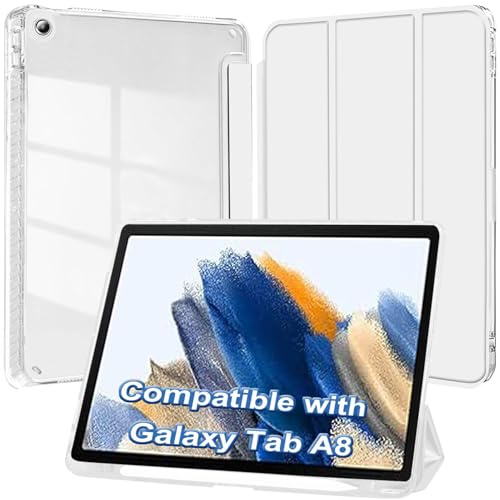 Custodia per Samsung Galaxy Tab A8 10,5 Pollici 2021 (SM-X200/X205/X207) con S Pen Holder, Chiaro Trasparente Retro Conchiglia Sottile Antiurto Tablet Cover, Auto Sveglia/Sonno, Argento