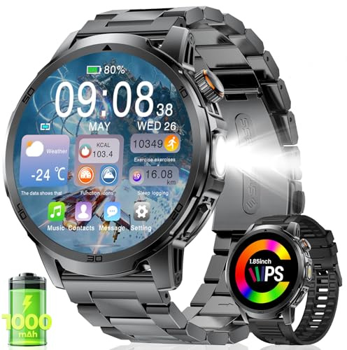 LIGE Smartwatch Herren 1000mAh Akku, 1,85 HD Großer Display/Bluetooth Telefonfunktion/Taschenlampe, 120+ Sportmodi Fitnessuhr, SpO2/Herzfrequenz/Schlafmonitor, IP68 wasserdicht für Android iOS