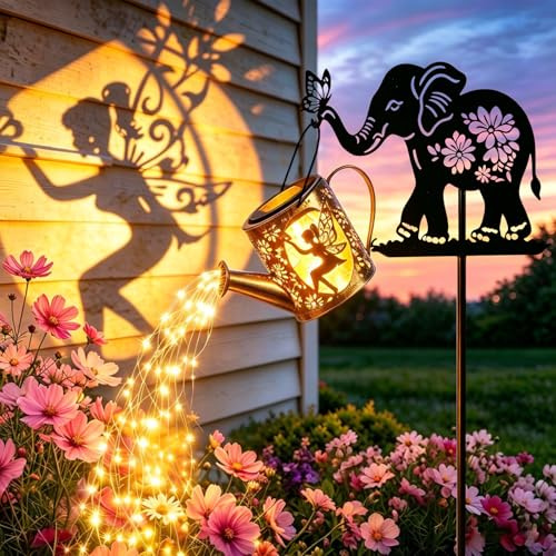 Solargießkanne Lichterkette Elefant Gartendeko Geschenk Mama Geburtstag | Magische Solar-Gießkanne mit Glückselefant & LED-Lichterkette, Geburtstagsgeschenk für Mama, wasserdichte Gartendeko