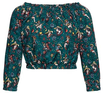 Queen Kerosin Damen Carmen Shoulder · Bluse · Allover Print · Western Style · Oldschool · Tattoo · Rockabella · Pinup Girl · Vintage · Retro · Raffung · Cowgirl