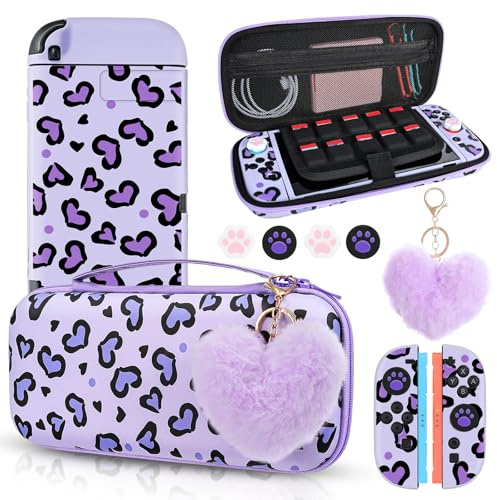 DLseego Étui de Transport pour Switch 2,Sac de Transport Portable pour Jeux Vidéo avec Housse de Protection Amovible NS 2, 4 Capuchons de Pouce et 1 Breloque Cœur en Peluche,Violet