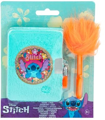 Disney Stitch Plüsch Tagebuch Set für Kinder | Kuscheliges Notizbuch mit Schloss und 2 Schlüsseln | Inklusive Fluffy Stift mit Feder | Tagebuch + Kugelschreiber | Geschenkset ab 3 Jahren