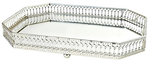 Packool Decorative Vanity Tray Large Rectangular Silver Mirrored Tray, 11.2 in / 28.5 cm Perfume Trays for Dresser, Elegant Hollow-Carved Design, Iron Serving Tray for Home Decor