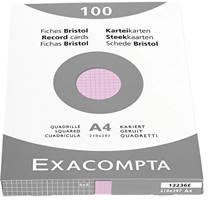 Exacompta 13236E Packung (mit 100 Karteikarten, ungelocht DIN A4, 210 x 297 mm, 205 g, kariert, ideal für die Schule) 1er Pack rosa