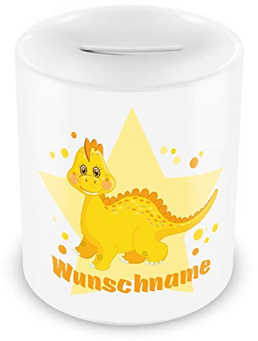 Samunshi® Kinder Spardose mit Namen und Gelber Dino als Motiv für Kinder - Jungen und Mädchen Sparschwein weiß