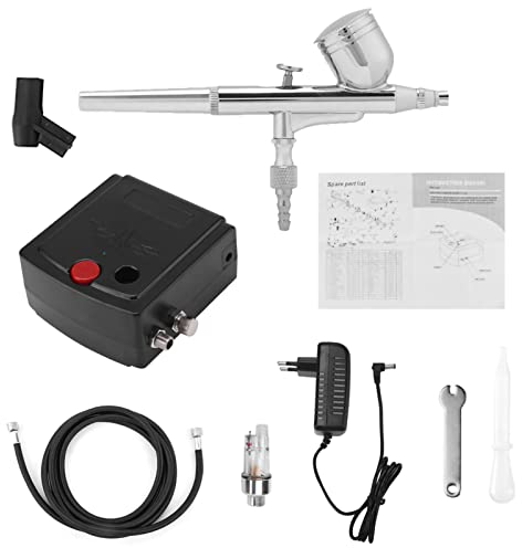 Airbrush Kit 0,2 mm 7cc Dual Action Airbrush Kompressor Komplettsatz Air Brush Spritzpistole mit Feuchtigkeitsfilter für Make up Nail Art Malerei Tattoo Dekoration Kuchen Spray Werkzeug Set (EU Plug)