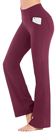 IUGA Flared Leggings with Pockets Yoga Pants for Women High Waist Wide Leg Trousers for Work Workout Maroon