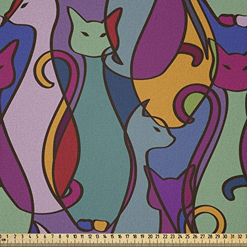 ABAKUHAUS Katze Stoff als Meterware, geometrische afrikanische, Microfaser Stoff für Dekoratives Basteln, 1M (148x100cm),Lila Teal