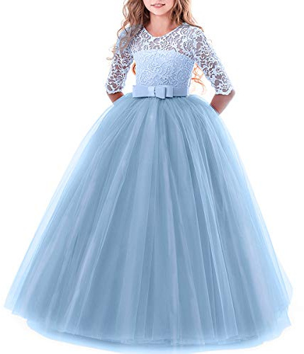 Junior Teen Girls Lace 3/4 Sleeve Dress Wedding Bridesmaid Cocktail Evening Party Long Maxi Dresses School Performance Pageant Birthday Prom Dance Carnival Christmas Ball Gowns Blue 9-10 Years