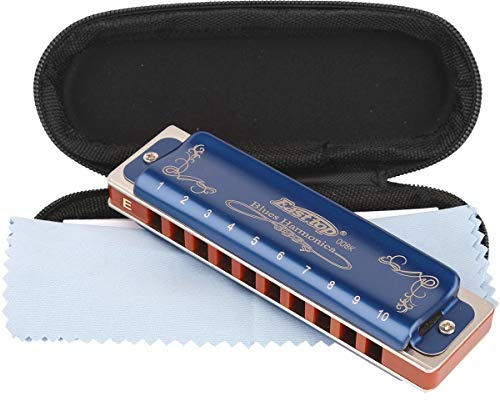 Easttop Professionelle Mundharmonika Blues Tonart E 10 Loch 20 Töne strapazierfähig mit Etui und Reinigungstuch für Profispieler, Anfänger, Studenten, Kinder, Blau, bestes Geschenk