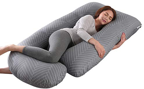 Shanna Almohada Embarazada Dormir, Almohada Lactancia de Cuerpo Completo, actualización Grande en Forma de U y Soporte de Maternidad con Funda de algodón reemplazable (Gris Rayado)