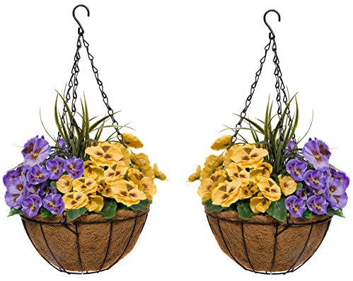 GreenBrokers 2X Artificial Coco Hanging Baskets with Yellow and Purple Flowers and Decorative Grasses (Set of 2), 50cm