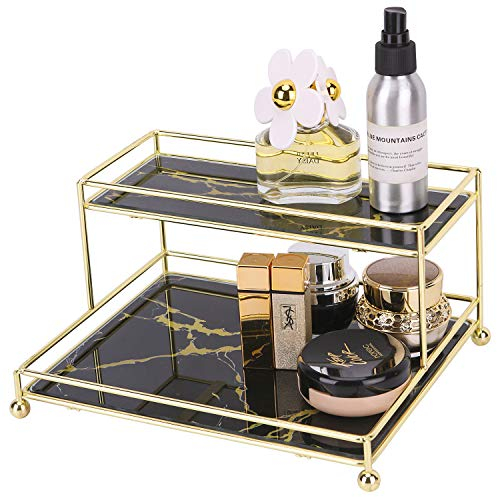 Simmer Stone Makeup Organizer Shelf, 2-tier Cosmetic Storage Basket with Glass Tray, Wire Vanity Organizer Rack for Bathroom, Countertop, Dresser and More, Medium Size