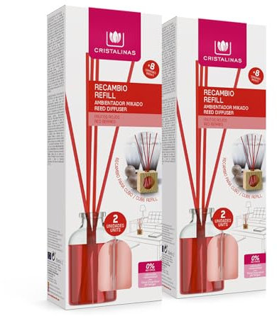 CRISTALINAS. Recambio x2 para Ambientador Mikado de Cubo de Madera. 0% Alcohol. Mas de 8 semanas de duración. 2x30ml. Aroma Frutos Rojos. (4x30ml)