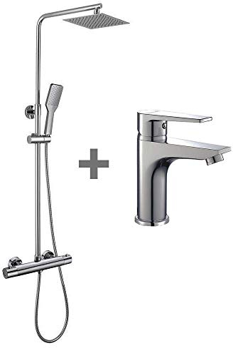 Ensemble colonne de douche thermostatique QUAD + robinet de lavabo Den. Tuyau réglable en hauteur de 73 à 122 cm. Chrome brillant