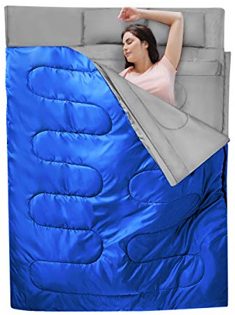 GYMAX 2 in 1 Doppelschlafsack, Deckenschlafsack mit 2 Kissen & Tragetasche, Schlafsack 2 Personen, leichtgewichtig & wasserabweisend, 0°C bis 15°C, für Camping, Wandern, Reisen (Blau + Grau)