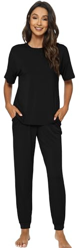 WiWi Damen-Trainingsanzug-Set, kurzärmelig, Viskose aus Bambus, Loungewear, 2-teiliges Outfit, lange Hose, Jogging-Set, S-XXL, Schwarz, M