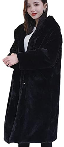 Wintermantel Frauen Kunstpelz Mantel Koreanisch Kapuzen Lange Jacke Lose Dicke Warm Faux Pelz Jacke, Schwarz , 38