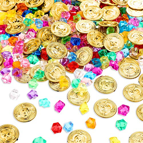 Skylety 200 Goldmünzen Piratenschatz Spielzeug Set Piratenparty Mitgebsel | 100 Goldtaler Piraten Goldmünzen, 100 Piraten Edelsteine für Kindergeburtstage, Schatzsuche, Goldschatz, Piratenparty