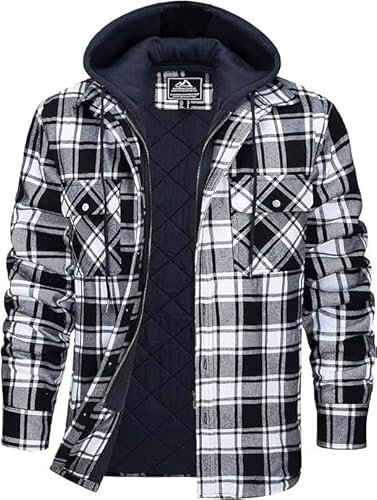 KEFITEVD Thermohemd Herren Winter Hooded Übergangsjacke Kordelzug Plaid Futter Jacke Casual Flanell Arbeitshemd mit Mehreren Taschen Schwarz S