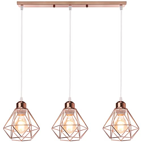 TOKIUS 3-flammig Pendelleuchte Retro Hängelampe mit Geometrischem Design 16CM Lampenschirm E27 Lampe aus Eisen Käfig Roségold Hängeleuchte für Esstisch Küche (Pendellampe, Balken)