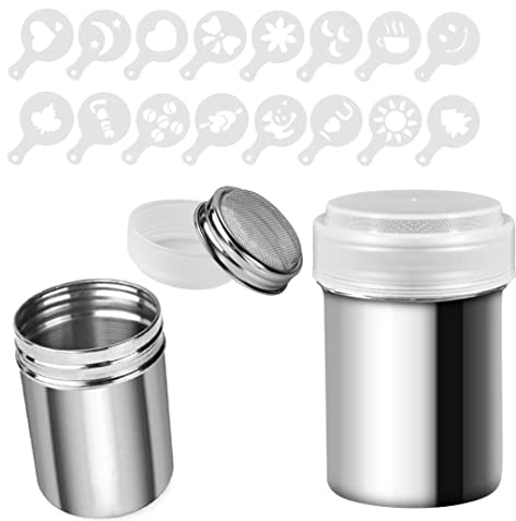 Lot de 2 shakers à Poudre en Acier Inoxydable et passoire à Poudre Shaker Shaker Pepper Shaker Épices Couvercle en Maille Fine en Acier Cacao, Cannelle en Poudre avec 16 pochoirs à café, 1 cuillère