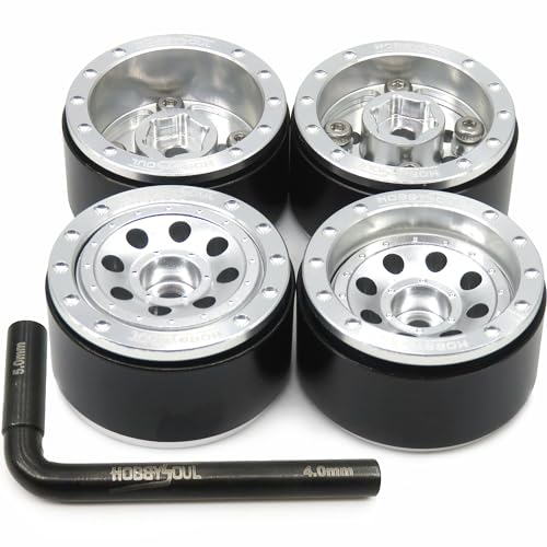 hobbysoul Einstellbare Offset 1,0 Beadlock Räder Silber +1mm positiver und -3mm negativer Offset 1,0 RC Räder, schwere 1/24 Felgen 7mm Sechskant Für RC Crawler 1/18 TRX4M Axial SCX24, (4 Stück)
