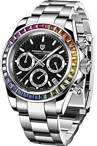 RollsTimi Pagani DesignHerren-Multifunktions-Sportuhr Quarz-Chronograph Uhrwerk Japan VK63 Edelstahlarmband Wasserdicht 100M (Kristall schwarz-1664)
