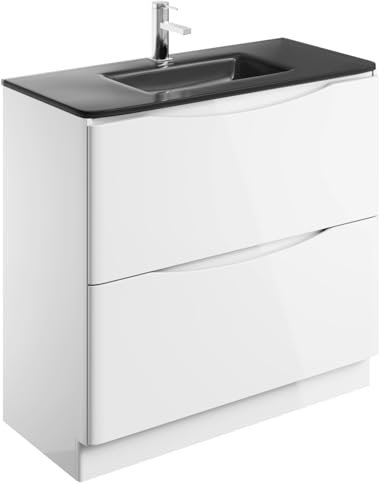 Eaton White Floor Standing Vanity Unit Includes Grey Glass Basin Bathroom Furniture Storage Unit 900mm