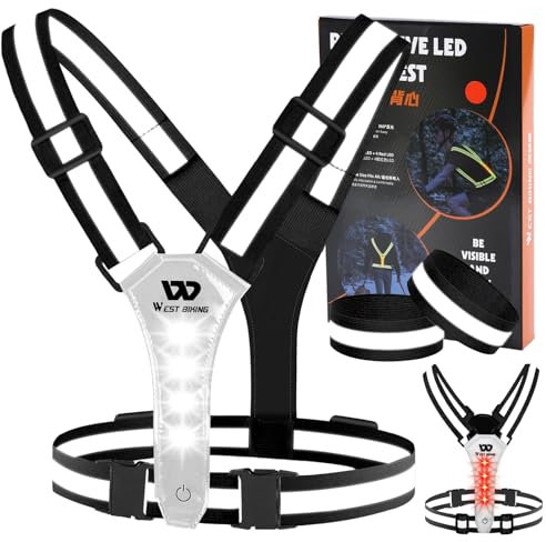 West Biking Warnweste Fahrrad Led Reflektorband Laufweste, USB aufladbar Leuchtband Joggen Reflektierende weste Leuchtweste, Elastische Einstellbar Lauflicht Erwachsene Kinder Hund Wandern