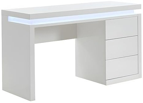 Vente-unique - Bureau Emerson - 3 tiroirs - MDF laqué Blanc - LEDs - avec Rangement