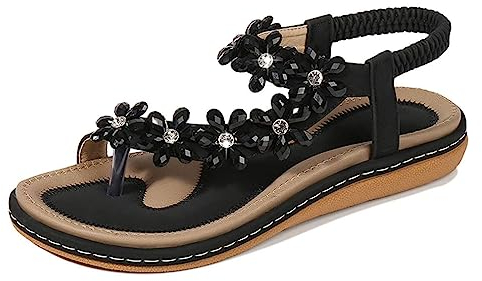 Amissz Sandali Donna Sandalo Estive Eleganti Scarpe Bassi Eleganti Strass Decorato Comodi Piatto Infradito da Mare Stile 2 Nero 40 EU