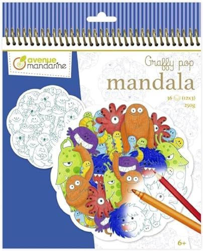 MY MANDARINE GY141C - Malblock Graffy Pop Mandala, 36 vorgestanzte Mandalas (12 Designs x3), 250g Zeichenpapier, ab 6 Jahren, Monster-Durcheinander, 1 Stück