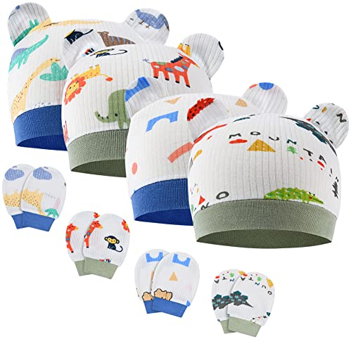 Aolso Neugeborenes Baby Mütze,8 Stück Baby Hut und Handschuhe Set, Baumwolle Baby Mütze, Baby Mütze Jungen Mädchen,Warme Babymütze für Neugeborenes-Blau + Grün
