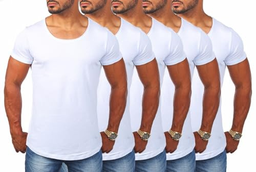Young & Rich Herren Uni T-Shirt mit tiefem Rundhals Ausschnitt einfarbig körperbetontes Basic Tee Vintage Look 1702