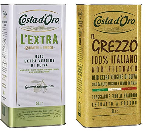 Costa d’Oro – L’Extra 5L. Olio Extravergine di oliva estratto a freddo & – Il Grezzo 3L. Olio extravergine di oliva non filtrato 100% italiano