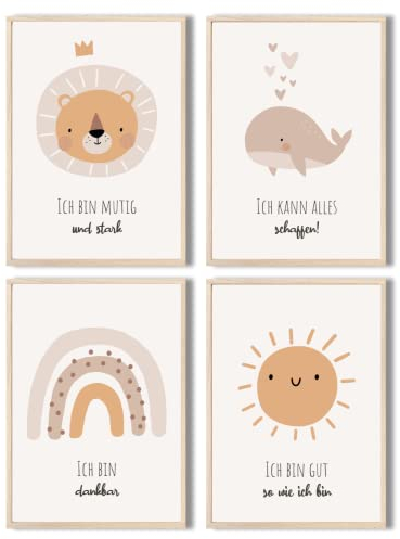 MeinBaby123® Affirmationsbilder | 4er Set DIN A4 Poster | Bilder Kinderzimmer | Deko Babyzimmer | Wandposter Premium (Affirmations Set V6)
