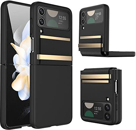 TECHGEAR Coque pour Samsung Galaxy Z Flip 4, charnière élégante en cuir et bordure métallique, protection d'écran antichoc en polycarbonate rigide, compatible avec chargement sans fil, noir