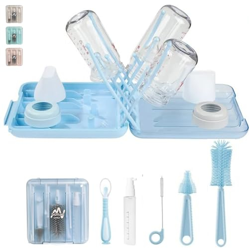 BAZELINE CREATIONS Kit de limpieza de biberones 7 en 1: cepillo para biberón, cepillo para tetina, cepillo de paja, dispensador de jabón, cuchara, soporte para secador, biberones, caja de