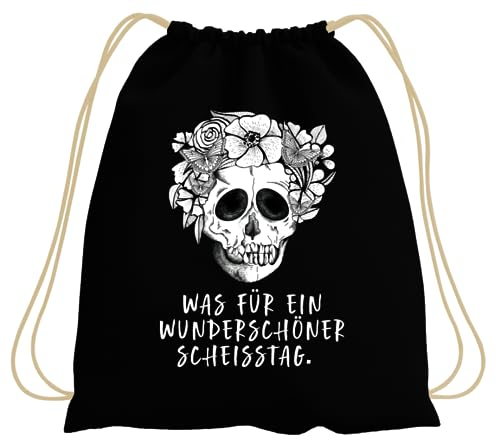 Tassenbrennerei Turnbeutel - Rucksack mit Spruch - Was für ein wunderschöner Scheisstag. - Totenkopf Design - Lustiges Geschenk für Kollegen, Freunde (Schwarz)