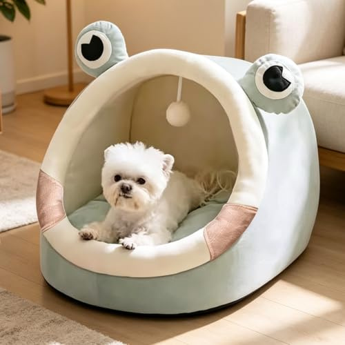 PETCUTE Katzenbett für Indoor Katzen,Warm Katzenhöhle Katzenhaus mit Abnehmbarem Waschbarem Kissen,Anti-Rutsch,Haustierhöhle Schlafbett mit Hängendem Spielzeug,Gemütliches Haustier Kissen Bett