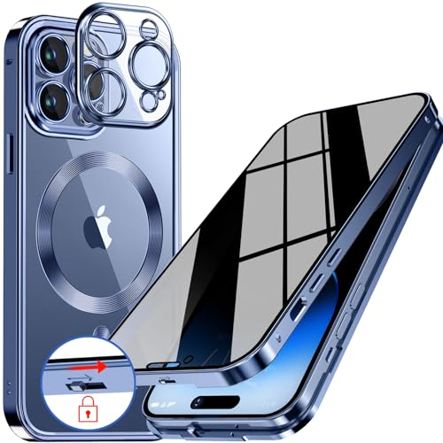 [CD-Metallring & Sicherheitsschloss] Magnetische 360 Grad Ganzkörper Sichtschutzhülle für iPhone 15 Pro Max [Integrierter Linsenschutz] Schutzhülle mit Integriertem 9H-Glasbildschirm,– Titan Blau