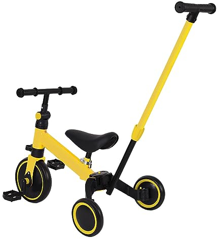 Homewell Dreirad mit Schubstange, Laufrad ab 18 Monate, Kinderdreirad Kombiniert Trolley und Ride Funktionen, mit Faltbar Pedal, Abnehmbar Kombi-Hinterräder, keine Bremsen (03, Gelb)