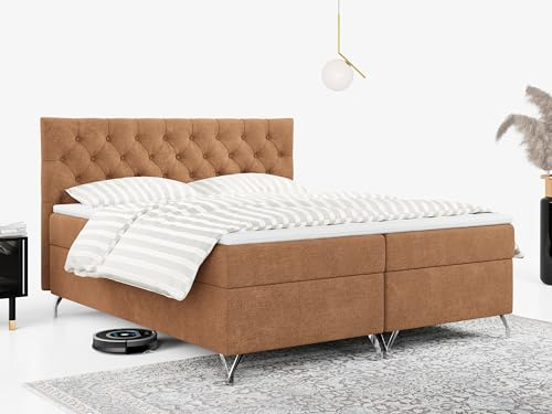 MKS MEBLE Boxspringbett 200x200, Bett 200x200 mit Matratze H4, Boxspringbett 200x200 mit Bettkasten und Topper, Polsterbett 200x200 Füße - GRIMALDI - 200x200 - Orange Struktur - H4